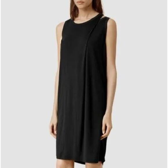 AllSaints Black Draped Front Caper Jersey Knit Sleeveless Dress - Picture 2 of 10